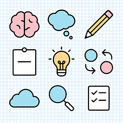 아이콘 교육 생각 전구 아이디어 연필 정보 표현 계획 토론 뇌 검사_조사 클라우드서비스 소통 리스트 창의성 체크리스트 2D아이콘 AI파일 컨셉 학용품 필기구 서비스 파일형식 벡터