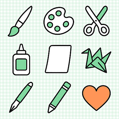 모양 아이콘 가구 문화예술 학용품 필기구 파일형식 벡터 미술 도구 재료 탁자 붓 종이 펜 연필 하트 컬러 창작 2D아이콘 AI파일 교육