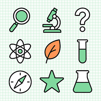 자연요소 식물 아이콘 교육 과학 실험기구 물리 파일형식 벡터 도구 현미경 확대경 비커 플라스크 원자 질문 나침반 별 생물학 화학 물리학 잎 실험 2D아이콘 AI파일