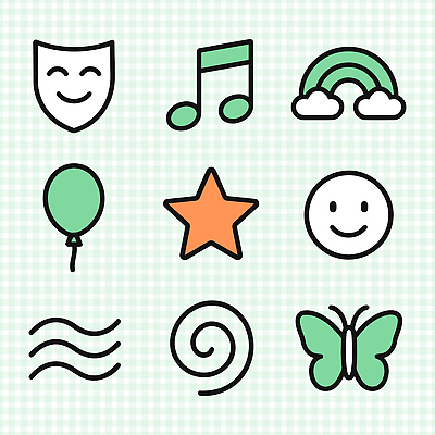 자연요소 아이콘 감정 곤충 문화예술 표정 파일형식 벡터 음악 무지개 풍선 별 미소 나비 선 컬러 모양 백그라운드 즐거움 장식 2D아이콘 AI파일 교육