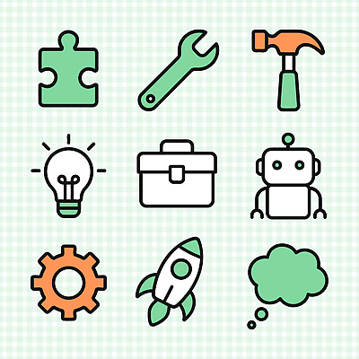 아이콘 문자 컨셉 전자제품 도구 공구 파일형식 벡터 작업 창의성 컴퓨터 기호 로봇 아이디어 퍼즐 스패너 망치 전구 공구함 로켓 2D아이콘 AI파일 교육
