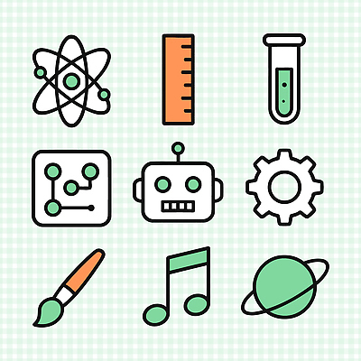 아이콘 기호 음악 문구용품 실험기구 우주 파일형식 벡터 과학 예술 원자 로봇 시험관 자 기어 붓 음표 행성 그래프 실험 기술 디자인 2D아이콘 AI파일 교육
