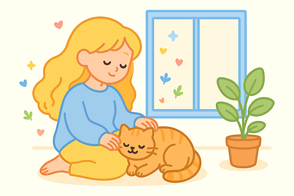 식물 동물 여자 행복 화분 일러스트 창문 휴식 주택 털 함께함 실내 사랑 일상 반려동물 노란색 고양이 시간 편안함 그림 힐링 테라피 쓰다듬기 국내일러스트 AI파일 감정 컬러 컨셉 포유류 모션 사람 내부 건물 라이프 뷰티 감각 파일형식 벡터