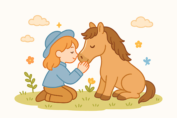 동물 꽃 어린이 일러스트 모션 자연 하늘 휴식 따뜻함 사랑 웃음 풍경 잔디 친구 갈색 만남 아기 말 말_동물 힐링 테라피 소통 순간 국내일러스트 AI파일 식물 감정 컬러 컨셉 포유류 관계 표정 사람 뷰티 생태계 파일형식 벡터