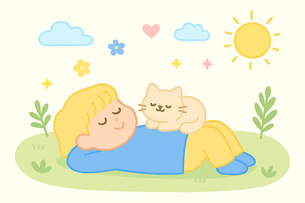 동물 꽃 감정 어린이 일러스트 자연 놀이 휴식 사랑 웃음 초원 친구 햇빛 소풍 고양이 편안함 낮잠 힐링 장면 테라피 국내일러스트 AI파일 식물 컨셉 포유류 관계 표정 사람 반려동물 태양 뷰티 야외활동 잠 감각 생태계 파일형식 벡터