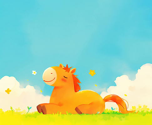 식물 시선 계절 감정 컬러 컨셉 포유류 표정 태양 목장 생태계 파일형식 초원_자연 초원 하늘 꽃 햇빛 응시 귀여움 자연 파란색 행복 평화 목초지 여름 그림 색채 미소 동물 일러스트 국내일러스트 JPG 말_동물