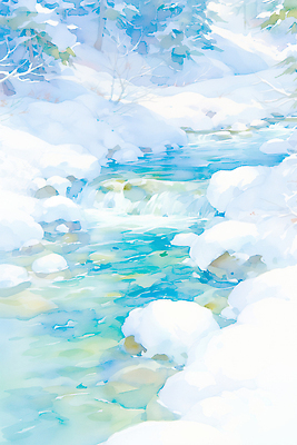 JPG 컬러 겨울 일러스트 자연 하늘 풍경 초록색 물 빛 강 반사 계곡 얼음 흐름 눈 수면 차가움 숲 조용 뷰티풀 국내일러스트 자연요소 계절 컨셉 날씨 생태계 파일형식