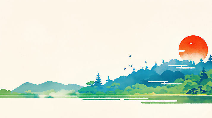 JPG 나무 식물 호수 여유 일러스트 자연 조류 하늘 새해 산 풍경 초록색 물 파란색 태양 일출 일몰 저녁 숲 수평선 차분 국내일러스트 자연요소 동물 감정 컬러 컨셉 노을 야간 생태계 파일형식
