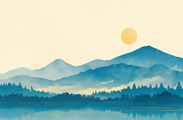 JPG 나무 컬러 여행 일러스트 자연 하늘 새해 산 풍경 물 햇빛 태양 반사 평화 일출 고요 시간 저녁 숲 윤곽 풍요 국내일러스트 자연요소 식물 컨셉 노을 야간 생태계 파일형식