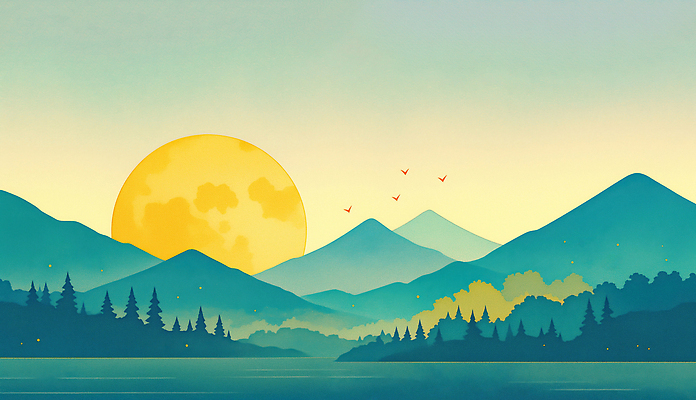 JPG 나무 호수 여유 이동 일러스트 자연 조류 하늘 새해 산 풍경 여름 파란색 강 태양 반사 노란색 일출 일몰 저녁 숲 수평선 국내일러스트 자연요소 식물 동물 계절 감정 컬러 컨셉 노을 야간 생태계 파일형식