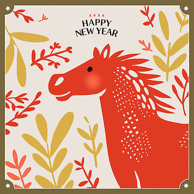 식물 동물 전통 디자인 예술 상징 컬러 백그라운드 잎 일러스트 새해 기념 빨간색 축제 새해인사 축하 말_게임 그림 말띠 해피뉴이어 2026년 국내일러스트 병오년 붉은말 AI파일 컨셉 십이지신 인사 말_동물 연도 파일형식 벡터