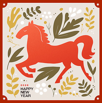 식물 동물 디자인 꽃 문화 예술 컬러 백그라운드 잎 일러스트 자연 새해 장식 갈색 축제 새해인사 축하 말_게임 그림 말띠 해피뉴이어 2026년 국내일러스트 병오년 붉은말 AI파일 컨셉 십이지신 인사 말_동물 연도 생태계 파일형식 벡터