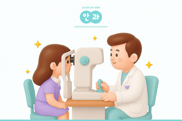 여자 어린이 컨셉 의학 병원 사람 3D 의료진 파일형식 안과 소녀 의사 검사_조사 시력 장비 건강 진료 치료 방문 상담 시선 선택 편집이미지 편집3D PSD