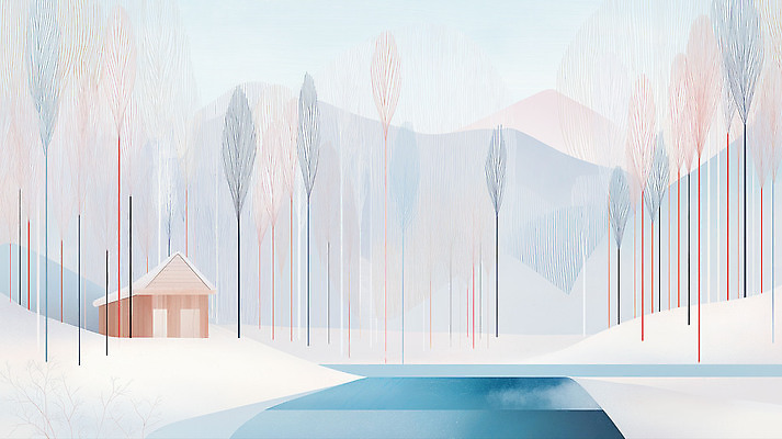 JPG 나무 호수 겨울 일러스트 자연 하늘 휴식 산 풍경 건물 일상 고요 수면 숲 산속 나무집 수목 국내일러스트 식물 건축물 계절 컨셉 주택 라이프 물 생태계 파일형식