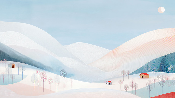 JPG 나무 컬러 겨울 일러스트 자연 하늘 아침 산 주택 풍경 햇빛 평화 달 차가움 숲 장면 조용 수평선 눈덮임 국내일러스트 주간 자연요소 식물 계절 컨셉 건물 태양 생태계 파일형식