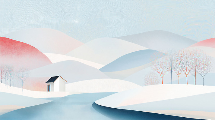 JPG 나무 길 컬러 겨울 일러스트 자연 산 주택 풍경 흰색 저수지 차가움 숲 출발 조용 단순화된 평면 겨울풍경 국내일러스트 식물 계절 컨셉 건물 생태계 파일형식
