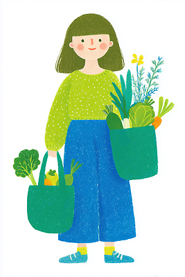 JPG 헤어스타일 손 여자 어린이 음식 채소 가방 일러스트 식재료 자연 건강 캐주얼 농작물 장보기 환경 식사 시장 터틀넥 그림 청록색 주말 국내일러스트 AI일러스트 AI콘텐츠 잡화 옷 컬러 농업 사람 신체부위 스웨터 생태계 파일형식