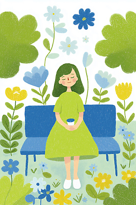 JPG 식물 손 디자인 꽃 행복 음료 컬러 잎 벤치 일러스트 자연 앉기 소녀 그래픽 초록색 여름 파란색 노란색 정원 마시기 국내일러스트 AI일러스트 AI콘텐츠 계절 여자 감정 어린이 의자 모션 신체부위 생태계 파일형식