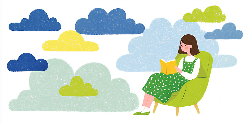 JPG 손 여자 행복 어린이 상징 컬러 백그라운드 의자 일러스트 모션 상상 실내 앉기 책 초록색 시간 읽기 즐거움 그림 국내일러스트 AI일러스트 AI콘텐츠 감정 가구 사람 내부 신체부위 파일형식