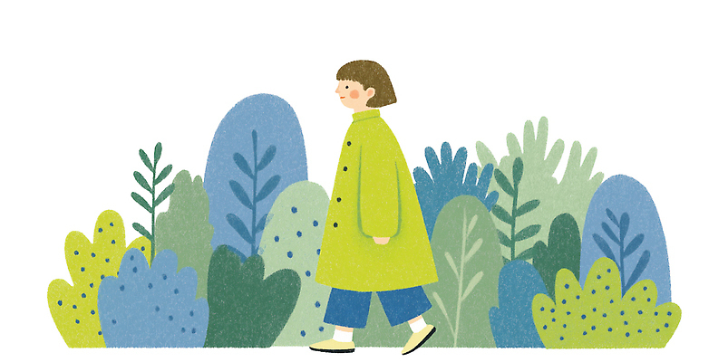 JPG 식물 여자 패션 백그라운드 일러스트 모션 자연 나뭇잎 사람 풍경 일상 캐주얼 초록색 걷기 청바지 도심 그림 우비 단순화된 스타일 국내일러스트 옷 컬러 잎 바지 라이프 도시 생태계 파일형식