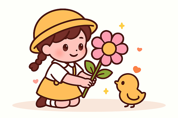 동물 캐릭터 꽃 어린이 컬러 일러스트 모션 자연 놀이 병아리 웃음 소녀 친구 귀여움 봄 신선 순수 즐거움 소통 국내일러스트 AI파일 식물 계절 여자 감정 컨셉 관계 조류 표정 사람 생태계 파일형식 벡터