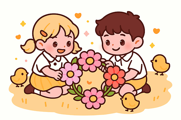 손 사계절 계절 꽃 어린이 컬러 일러스트 모션 자연 놀이 병아리 대화 초원 친구 소풍 화관 봄 원형 즐거움 만들기 조화 국내일러스트 AI파일 도형 식물 감정 관계 조류 말하기 사람 신체부위 야외활동 생태계 파일형식 벡터