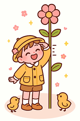 식물 동물 캐릭터 옷 꽃 행복 어린이 일러스트 자연 병아리 웃음 잔디 노란색 귀여움 봄 즐거움 키_신체 국내일러스트 AI파일 계절 감정 컬러 컨셉 신체 조류 표정 사람 생태계 파일형식 벡터
