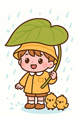 동물 어린이 포즈 잎 일러스트 우산 날씨 풍경 물 노란색 귀여움 정원 봄 물방울 닭 오브젝트 장면 우비 수분_꽃가루 국내일러스트 AI파일 자연요소 식물 옷 계절 컬러 컨셉 조류 사람 파일형식 벡터
