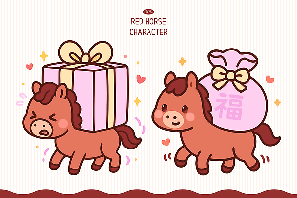동물 캐릭터 디자인 행복 감정 컬러 백그라운드 일러스트 모션 새해 복주머니 선물 상자 걷기 귀여움 축제 말_게임 말띠 직사각형 2026년 일러캐릭터 병오년 붉은말 붉은말캐릭터 AI파일 도형 컨셉 전통소품 십이지신 말_동물 연도 말캐릭터 파일형식 벡터