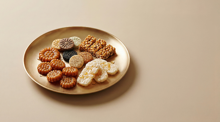 식기 음식 컬러 컨셉 디저트 과자 전통음식 CG 파일형식 강정 한과 약과 전통과자 접시 금색 한식 조화 식사 환대 고객 간편조리식품 편집이미지 편집실사 JPG