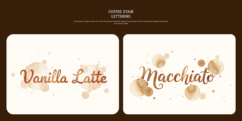 PSD 문자 손글씨 디자인 커피 음료 백그라운드 일러스트 캘리그라피 장식 갈색 카페 표현 얼룩 그림 라떼 마끼야또 바닐라 창작 테마 핸드메이드 레터링 스타일 국내일러스트 컬러 상점 파일형식