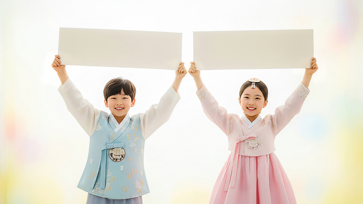 한국전통 전통 기념일 나라 아시아 알림판 표정 사람 전통의상 CG 파일형식 어린이 한복 표지판 모션 한국 웃음 밝은색 뷰티풀 백그라운드 감정 편집이미지 편집실사 JPG 명절 새해 의료성형뷰티