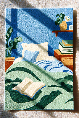 JPG 나무 식물 화분 벽 일러스트 창문 아침 선반 책 파란색 빛 인테리어 독서 침실 이불 방 침대 편안함 오브젝트 그림 국내일러스트 주간 디자인 컬러 가구 침구 감각 파일형식