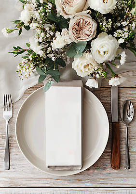 JPG 편집이미지 접시 꽃 종이 음식 꽃다발 포크 포장 식탁 탁자 장식 식사 흰색 카드 나이프 고객 메뉴판 식사준비 편집실사 AI포토 AI콘텐츠 식물 식기 컬러 가구 칼 CG 준비 파일형식