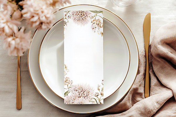 JPG 편집이미지 접시 디자인 꽃 종이 음식 식탁 탁자 수저 장식 식사 금색 카드 준비 편집실사 AI포토 AI콘텐츠 식물 식기 컬러 가구 CG 파일형식