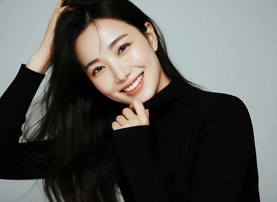 JPG 편집이미지 손 옷 여자 포즈 백그라운드 모션 표정 미소 머리 검은색 단순화된 의료성형뷰티 스타일 편집실사 AI인물포토 AI콘텐츠 컬러 사람 신체부위 CG 파일형식 AI포토