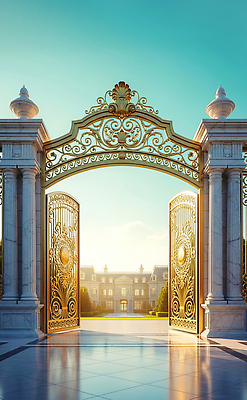 JPG 편집이미지 외관 건축 하늘 출입구 풍경 여름 빛 태양 문 정원 금색 흰색 화려 구조물 고급 대문 구역 편집실사 자연요소 계절 컬러 컨셉 CG 파일형식