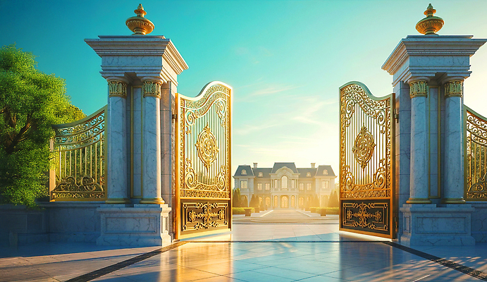 JPG 나무 편집이미지 자연 하늘 출입구 주택 풍경 건물 장식 문 정원 금색 오픈 화려 고급 대문 편집실사 식물 건축물 컬러 컨셉 CG 생태계 파일형식