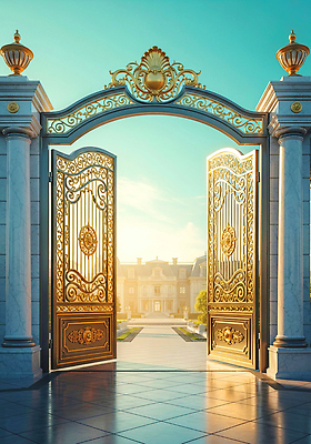 JPG 편집이미지 디자인 외관 아침 출입구 거리 풍경 햇빛 문 정원 화려 분위기 고급 구경 초대 대저택 뷰티풀 편집실사 주간 컨셉 태양 CG 파일형식