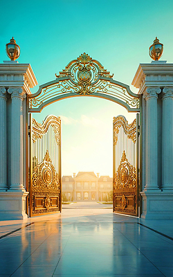 JPG 편집이미지 디자인 건축 하늘 아침 출입구 풍경 건물 장식 빛 문 오픈 화려 고급 대문 조화 뷰티풀 청명 편집실사 주간 건축물 컨셉 CG 파일형식