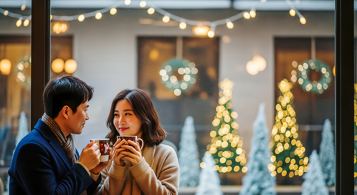 JPG 나무 편집이미지 커플 행복 커피 음료 크리스마스 겨울 조명 따뜻함 대화 사랑 장식 친구 카페 만남 의료성형뷰티 편집실사 AI인물포토 AI콘텐츠 식물 계절 기념일 감정 컨셉 관계 말하기 상점 CG 파일형식 AI포토