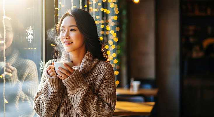 JPG 편집이미지 여자 행복 커피 음료 겨울 따뜻함 대화 웃음 일상 빛 햇빛 카페 대기 창가 의료성형뷰티 편집실사 AI인물포토 AI콘텐츠 계절 감정 창문 표정 말하기 사람 라이프 태양 상점 CG 파일형식 AI포토