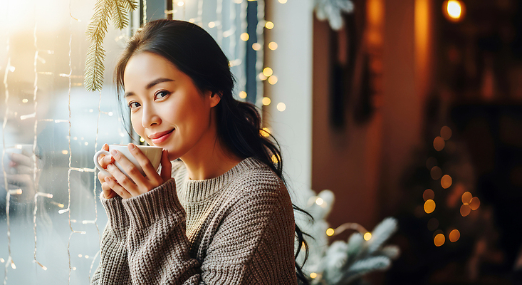 JPG 편집이미지 여자 커피 겨울 휴식 조명 따뜻함 대화 웃음 장식 친구 카페 창가 사교 오후 의료성형뷰티 편집실사 AI인물포토 AI콘텐츠 계절 음료 컨셉 창문 관계 표정 말하기 사람 상점 CG 파일형식 AI포토