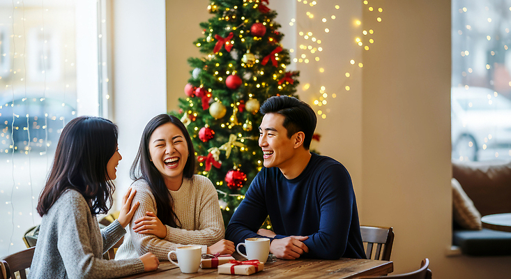 JPG 편집이미지 행복 음료 크리스마스 겨울 탁자 이야기 대화 웃음 장식 친구 크리스마스트리 카페 모임 즐거움 장면 의료성형뷰티 편집실사 AI인물포토 AI콘텐츠 계절 기념일 감정 가구 관계 표정 말하기 상점 CG 파일형식 AI포토