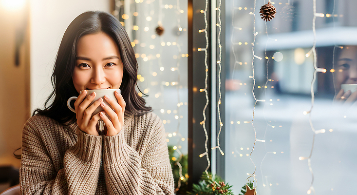JPG 편집이미지 여자 커피 겨울 휴식 조명 대화 미소 사람 카페 시간 창가 오브젝트 따뜻한음료 의료성형뷰티 편집실사 AI인물포토 AI콘텐츠 계절 음료 컨셉 창문 표정 말하기 상점 CG 파일형식 AI포토
