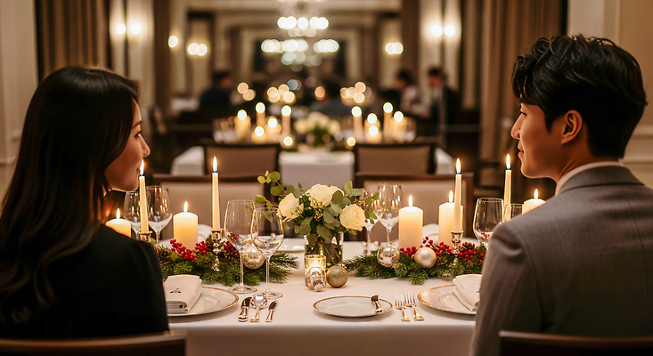 JPG 편집이미지 꽃 음식 촛불 탁자 대화 두명 장식 레스토랑 식사 저녁식사 모임 분위기 고급 고객 연말 의료성형뷰티 편집실사 식물 가구 컨셉 초 말하기 사람 식당 CG 파일형식