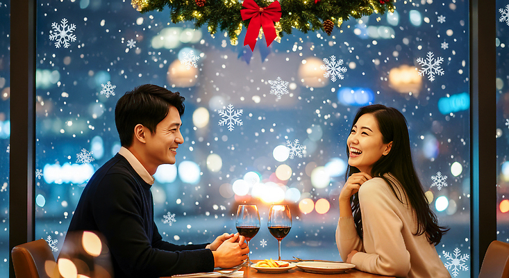 JPG 편집이미지 겨울 탁자 대화 두명 와인 식사 공간 분위기 저녁 창가 동료 즐거움 샹들리에 연말 의료성형뷰티 편집실사 계절 감정 가구 컨셉 창문 관계 조명 주류 말하기 사람 야간 CG 파일형식