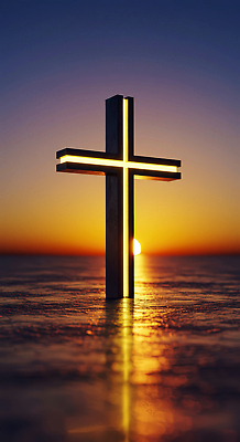 JPG 편집이미지 기독교 종교 바다 상징 십자가 자연 하늘 물 빛 태양 일몰 천주교 수면 순간 수평선 이미지편집 AI컴퓨터그래픽 AI콘텐츠 자연요소 노을 생태계 파일형식