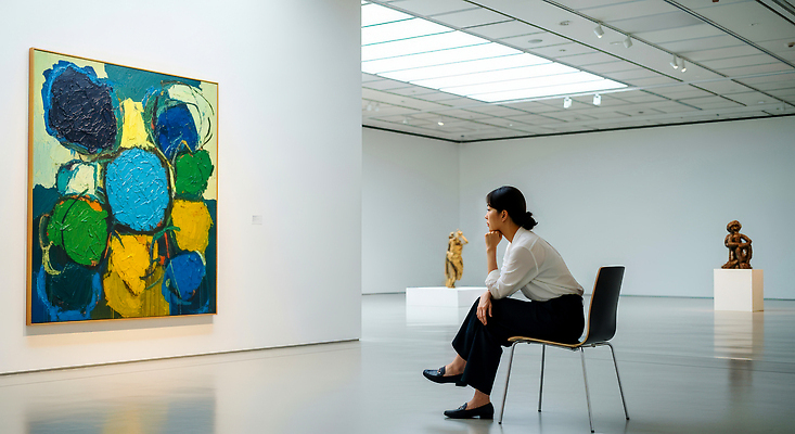 JPG 편집이미지 여자 예술 조각 의자 조명 전시 감상 공간 미술관 집중 그림 작품 전시실 편집실사 AI컴퓨터그래픽 AI콘텐츠 가구 컨셉 미술 사람 전시회 CG 파일형식