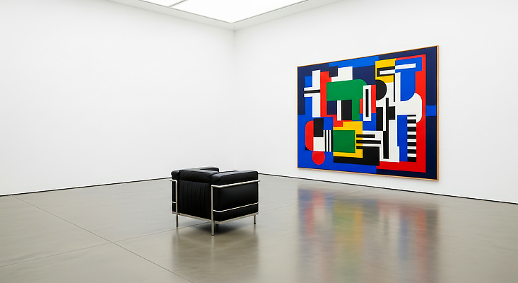 JPG 모양 편집이미지 디자인 예술 벽 컬러 내부 소파 전시 공간 미술관 그림 관람 대칭 전시실 평면 편집실사 AI컴퓨터그래픽 AI콘텐츠 의자 전시회 CG 파일형식